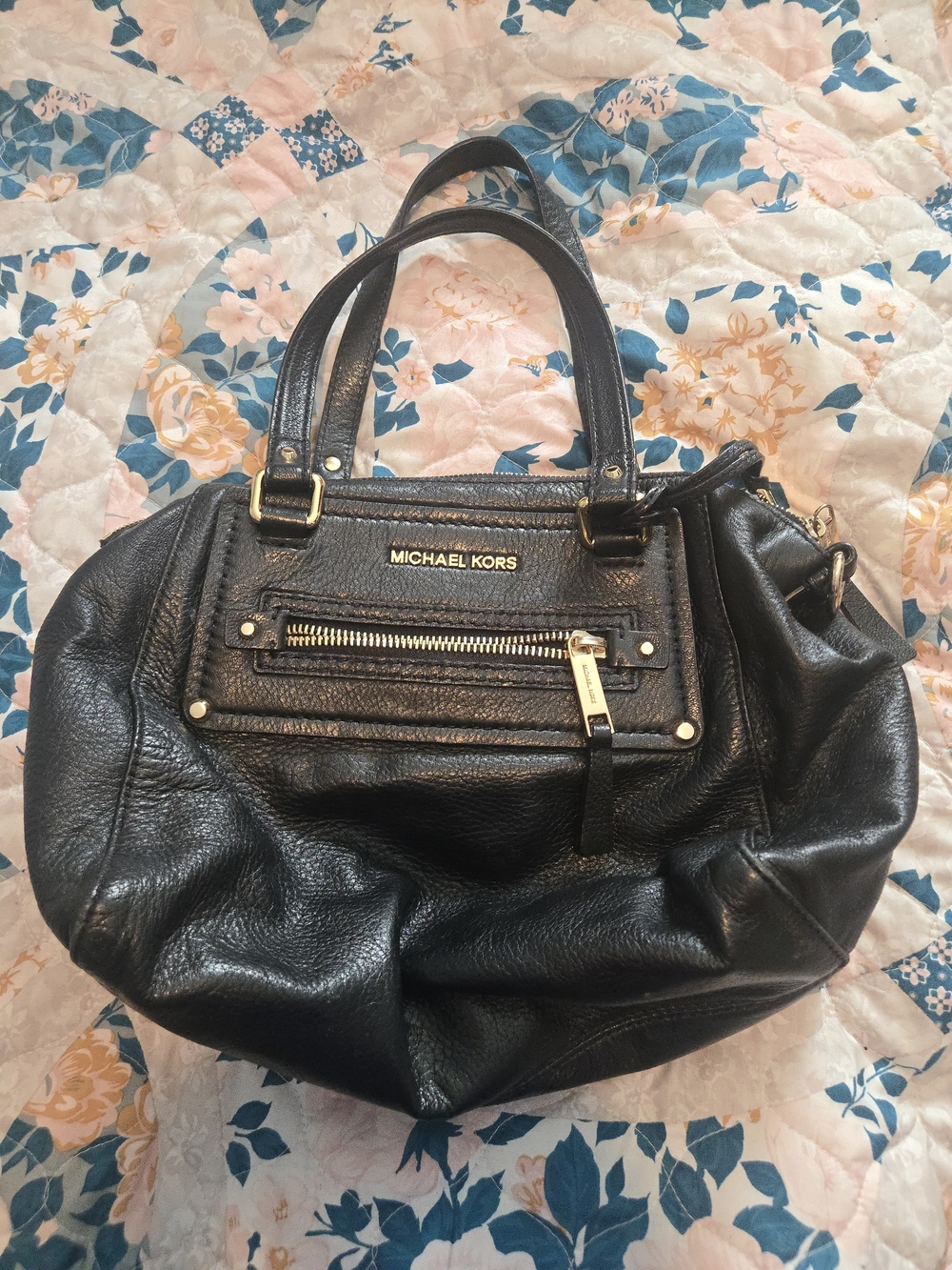 Michael Kors Black Pebbled Leather Shoulder Bag with Gold Hardware